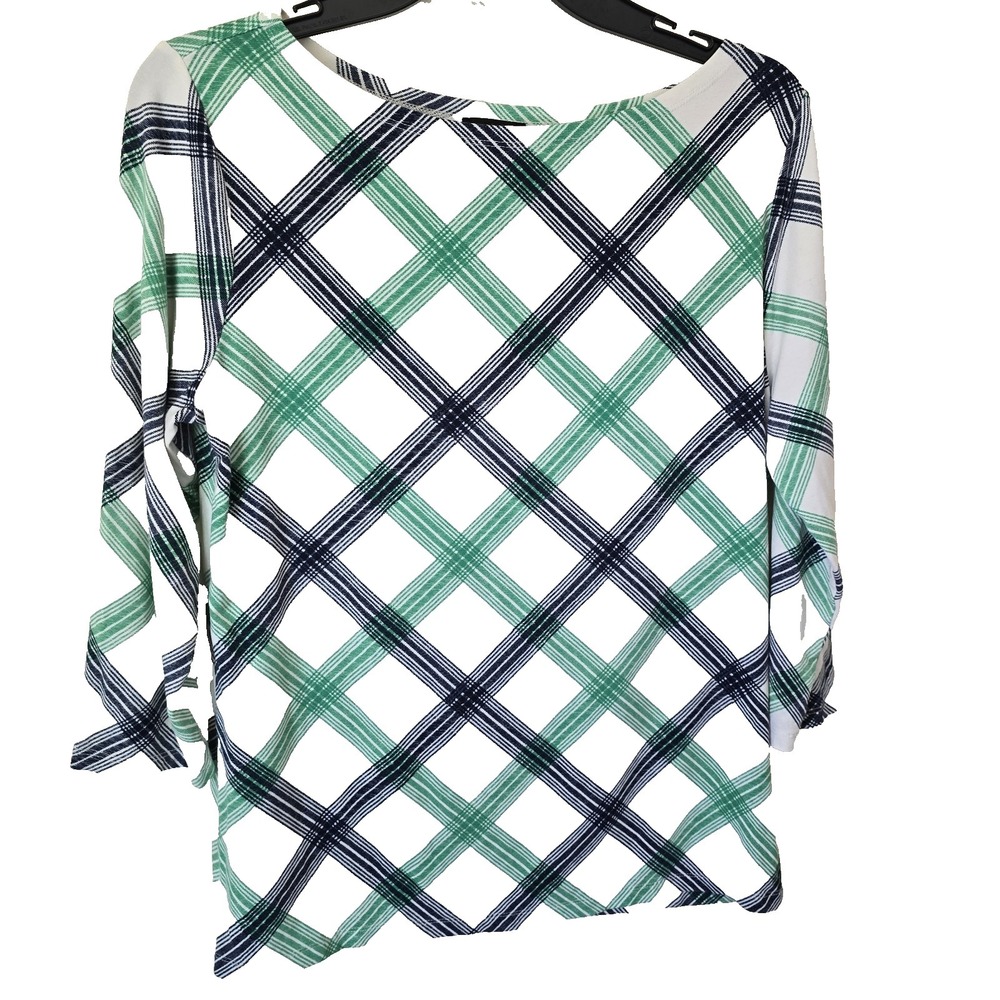 Ann Taylor Factory Stretch Knit Top 3/4 Sleeve Plaid Women Sz M Mature Career